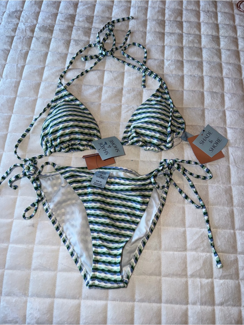 Shade & Shore Green White Navy Stripe Triangle Bikini